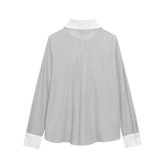 Women Clothing Western Bow Decoration Striped Stitching Shirt - Wanita Store
