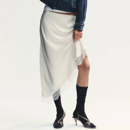 Ropa de Mujer Primavera Sexy Satén Acetato Encaje Costura Falda Irregular Asimétrica
