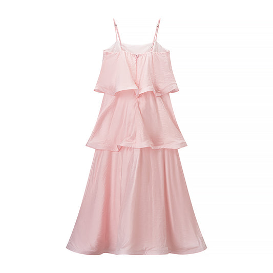 Fashionable Elegant Pink Multi Layer Wave Ruffled Spaghetti Straps Dress