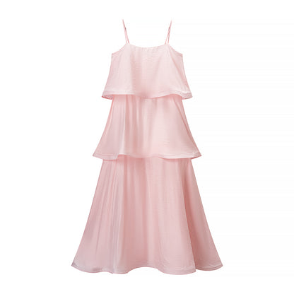 Elegante vestido rosa de tirantes finos con volantes y ondas multicapa a la moda