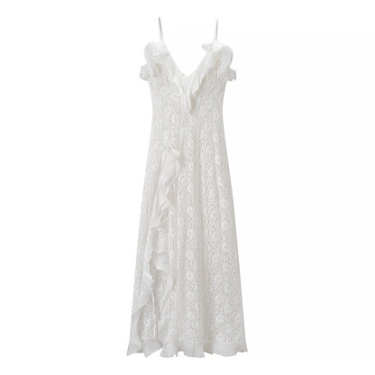 Women Clothing Autumn Sexy V neck Backless Wave Organ Ruffled Spaghetti Straps Dress