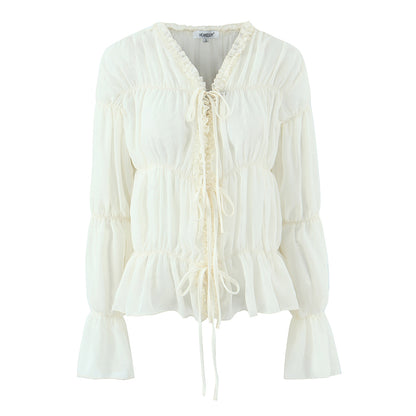 Chemisier en mousseline plissée doux à lacets pour femmes, haut chic à manches longues et col en V à volants, ample, printemps