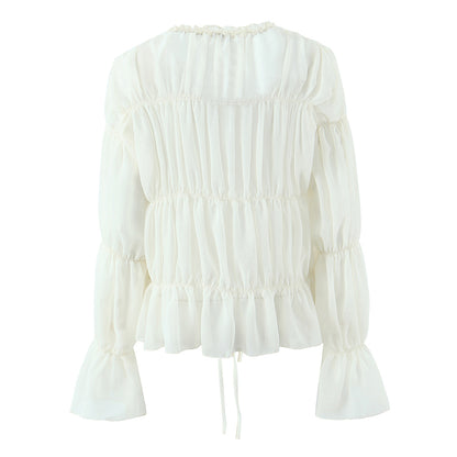 Chemisier en mousseline plissée doux à lacets pour femmes, haut chic à manches longues et col en V à volants, ample, printemps