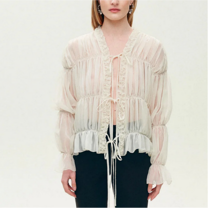 Chemisier en mousseline plissée doux à lacets pour femmes, haut chic à manches longues et col en V à volants, ample, printemps