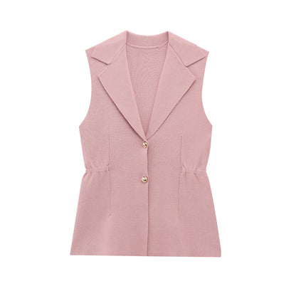 Women Pleated Collared Sleeveless Knitted Vest Jacket