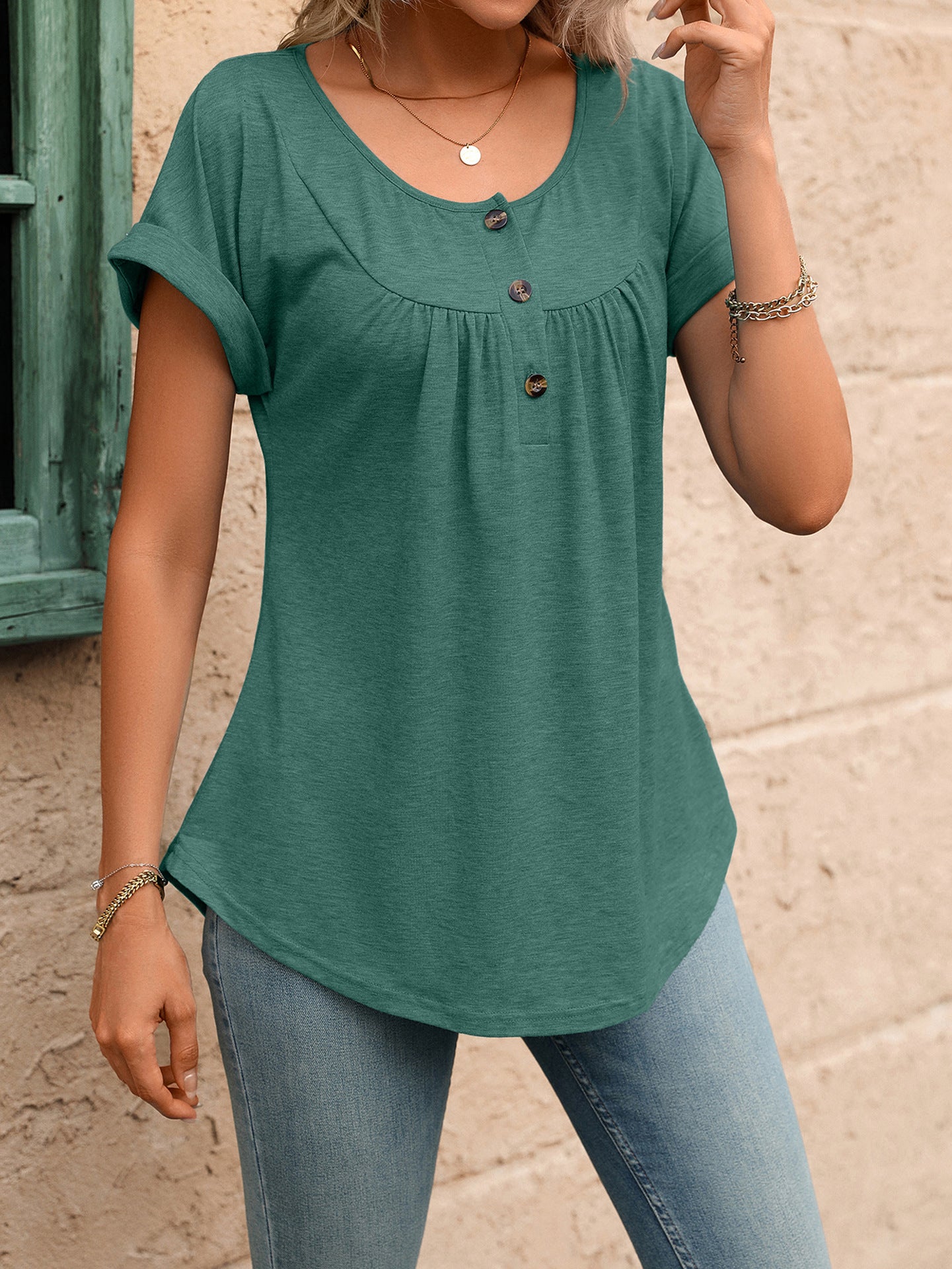 Top de mujer de verano liso de color, cuello redondo, botones, suelto, manga corta