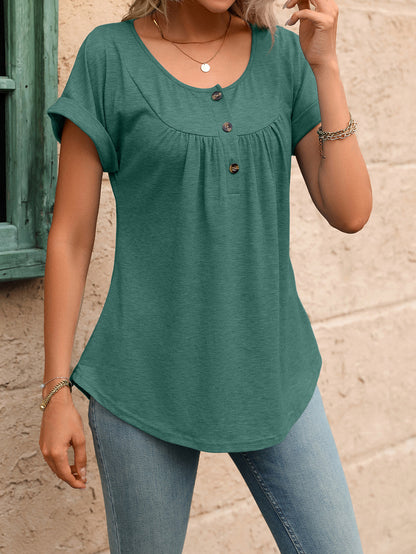 T-shirt ample à manches courtes et col rond uni avec boutonnage pour femme - Été
