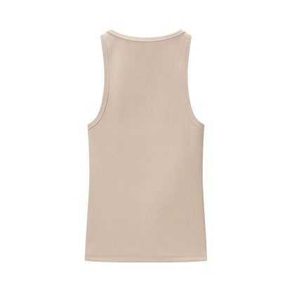 Ropa de mujer de primavera, sexy, cuello redondo, sin mangas, top de tirantes acanalado.