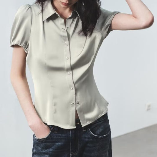 Women Clothing Wild Slimming Polo Collar Short Sleeve Silk Satin Textured Shirt