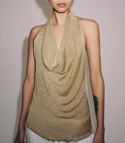 Ropa de mujer Verano Sexy Metal Color Línea Top con cuello halter