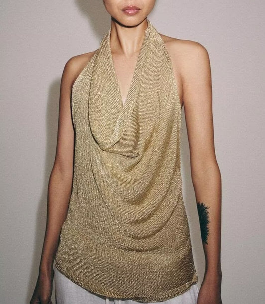 Women Clothing Summer Sexy Metal Color Line Hanging Collar Top