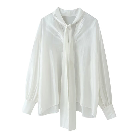 Camisa de mujer con cuello en V, manga larga, lazo y bajo recto