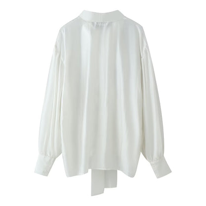 Women Clothing Sweet V neck Long Sleeve Bowknot Straight Hem Shirt