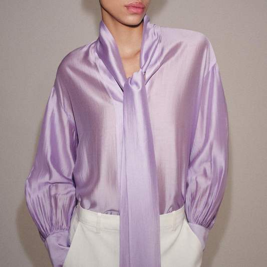 Camisa de mujer con cuello en V, manga larga, lazo y bajo recto