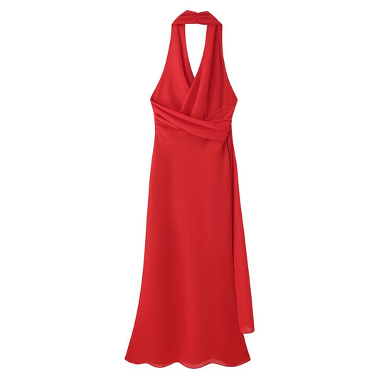 Women Clothing Slim Fit Red V neck Elegant Halter Maxi Dress