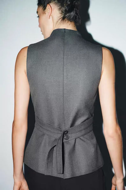 Mujer Ropa Verano Botón Cuello alto sin mangas Top