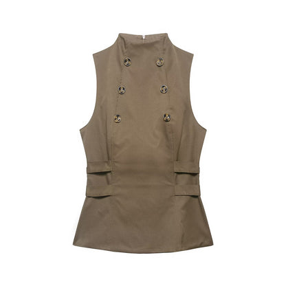 Mujer Ropa Verano Botón Cuello alto sin mangas Top