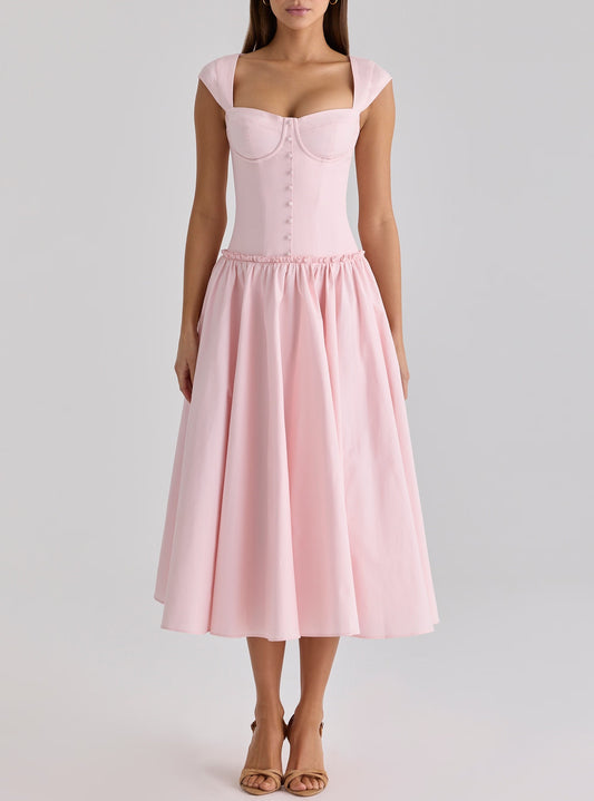 French Sweet Pink Boning Corset Strap Dress Cocktail Formal Mid Length Dress Women Summer