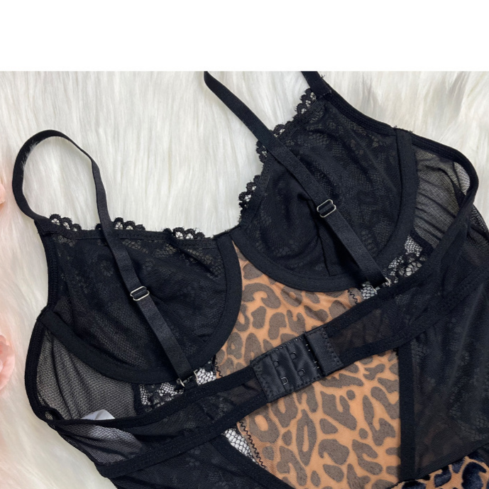 Sexy Leopard Print Lace Sexy Nightdress Women Memory Soft Underwire See through Mesh Camisole Hip Dress
