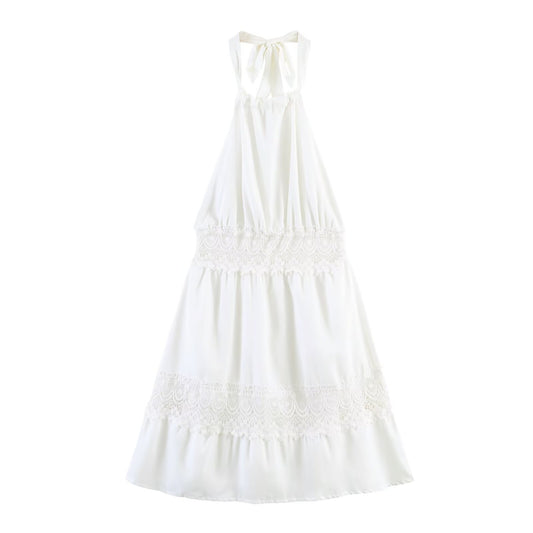 Spring Simple Thin Lace Stitched Backless Maxi Dress