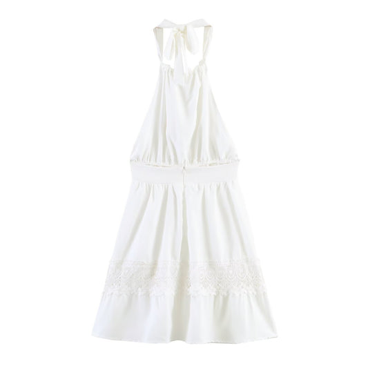 Spring Simple Thin Lace Stitched Backless Maxi Dress