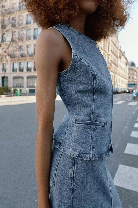 Women Double Breasted Denim Vest