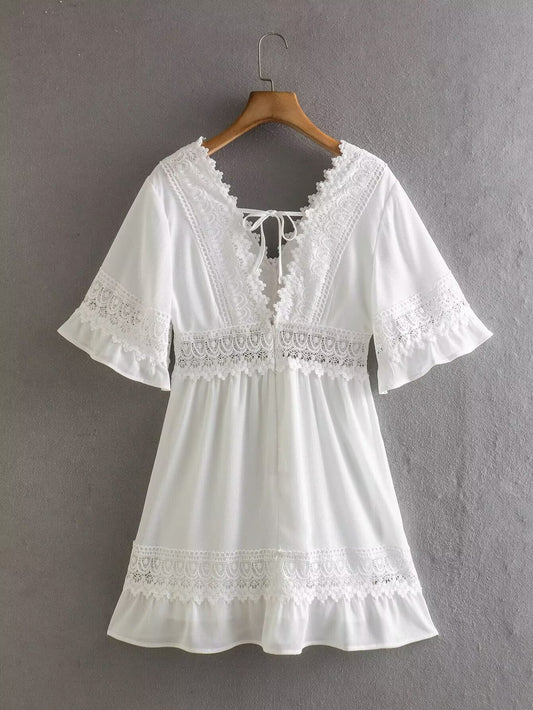 Summer Slimming Hollow Out Cutout out Stitching Bell Sleeve Short Dress