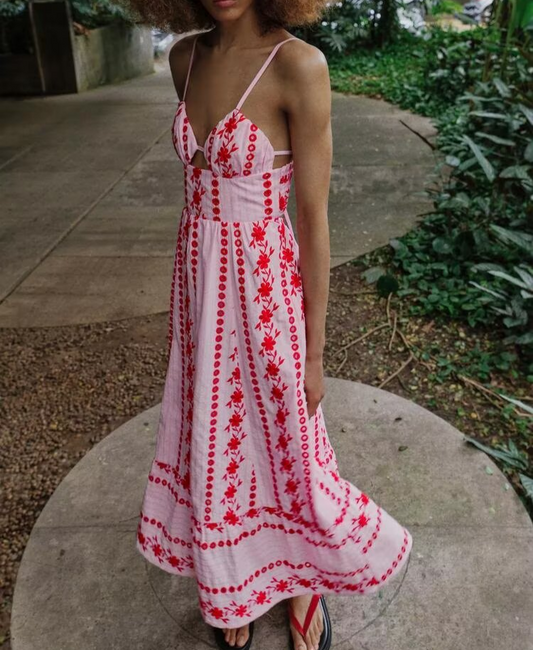 Women Clothing Summer V neck Hollow Out Cutout Embroidered Midi Strap Dress