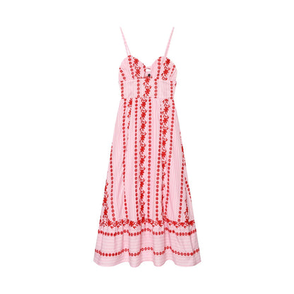 Vestido midi de tirantes para mujer, con escote en V, calado, bordado, de verano