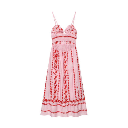 Vestido midi de tirantes para mujer, con escote en V, calado, bordado, de verano