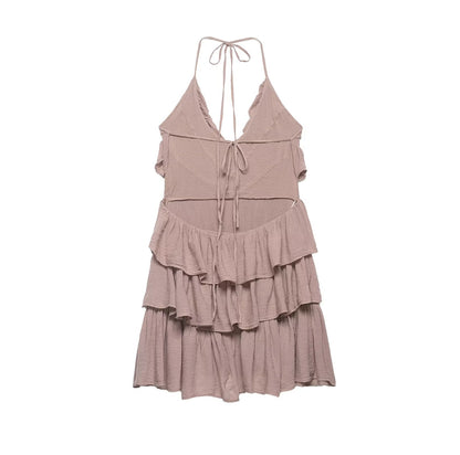 Robe Femme Été Lacets Dos Nu Col V Volants Laminée