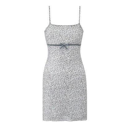 Robe Courte Printemps Femme Bretelles Col Carré Maille Léopard Nœud Français