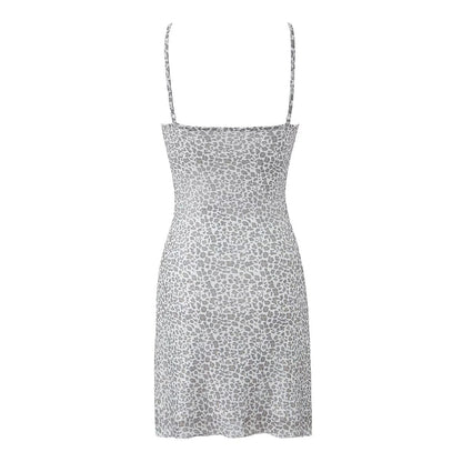 Robe Courte Printemps Femme Bretelles Col Carré Maille Léopard Nœud Français