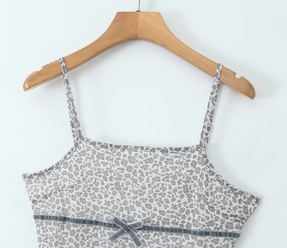 Robe Courte Printemps Femme Bretelles Col Carré Maille Léopard Nœud Français
