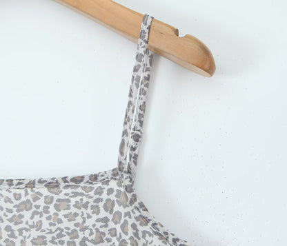 Robe Courte Printemps Femme Bretelles Col Carré Maille Léopard Nœud Français