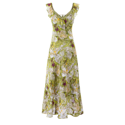 Vestido largo floral de corte ajustado con dobladillo con volantes, estilo vintage, fresco y romántico para vacaciones de verano en la costa