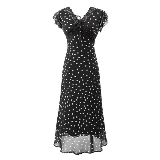 Summer Atmosphere Lace Stitching Vacation Floral Dress Flying Sleeves Slim Dress