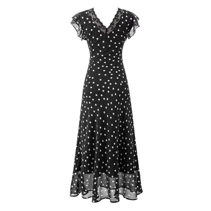 Vestido ajustado de encaje con costuras y estampado floral de manga corta con vuelo para vacaciones y ambiente veraniego