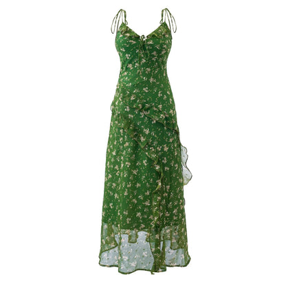 Robe d'été vintage fraîche et douce à volants floraux, robe camisole flatteuse et ajustée