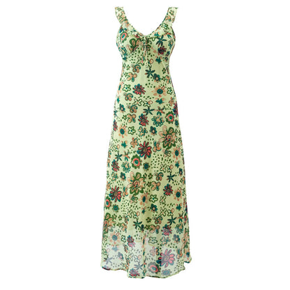 Vestido de verano romántico retro fresco con volantes y estampado, ajustado y con cuello en V