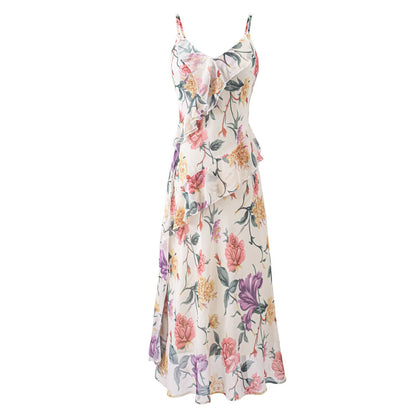 Vestido Retro Estampado Super Hermoso y Elegante con Volantes y Tirantes Finos para Vacaciones