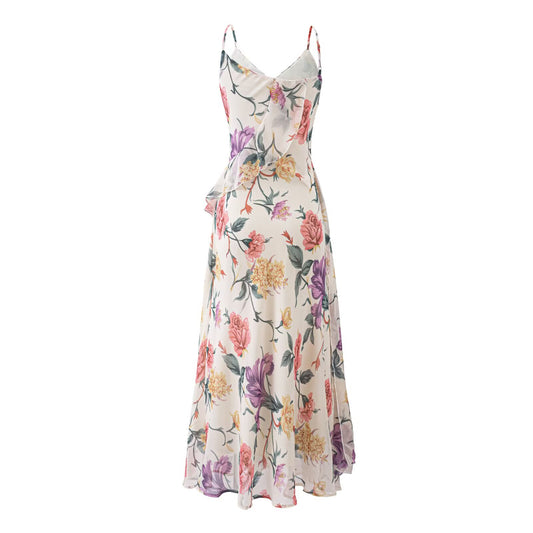 Super Beautiful Gentle Elegance Retro Printed Dress Vacation Ruffled Spaghetti Straps Dress