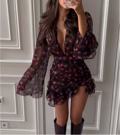 Spring Chiffon Dress Deep V Plunge neck Floral Printed Ruffles Long Sleeve Short Dress