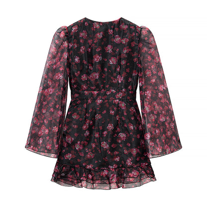Spring Chiffon Dress Deep V Plunge neck Floral Printed Ruffles Long Sleeve Short Dress