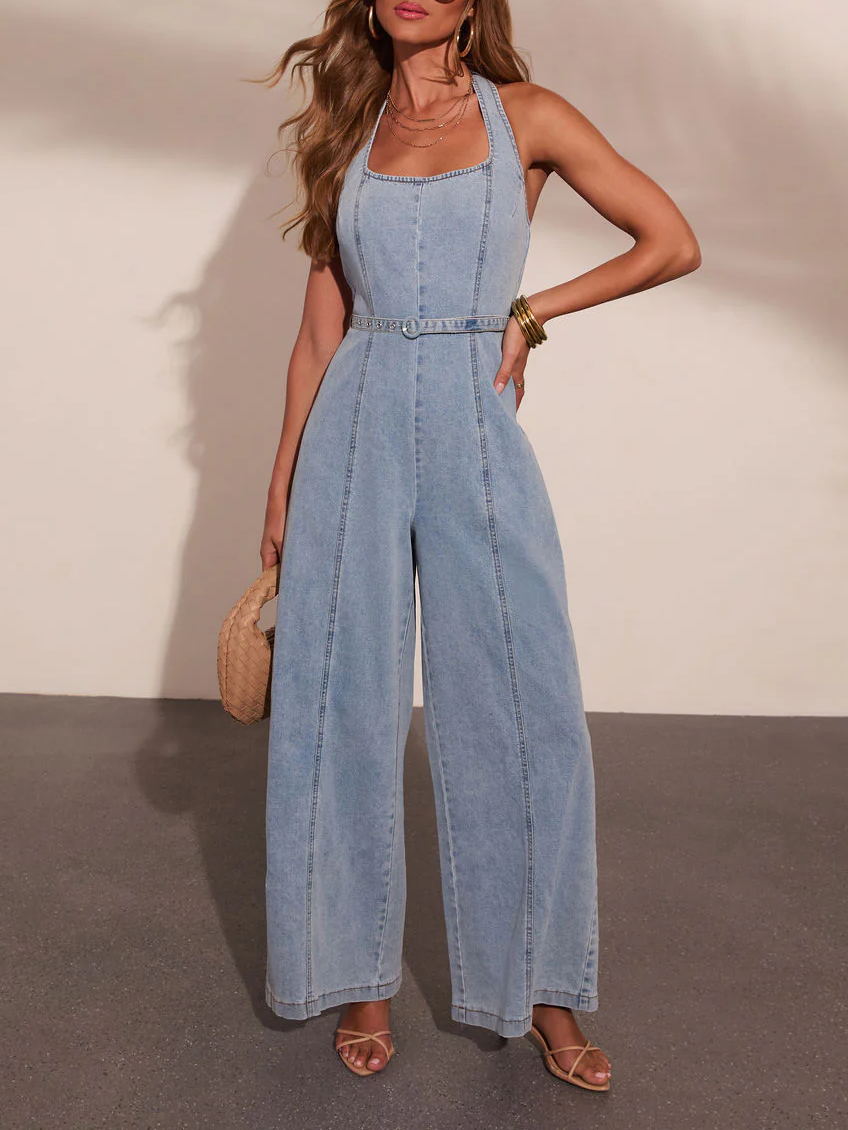 Ladies Summer Jumpsuit Elegant Backless Denim Distressed Faded Suspenders Wide Leg Trousers