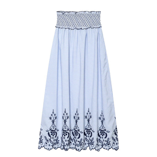 Women Clothing Summer Fashionable Lace Embroidered Plaid Midi Skirt