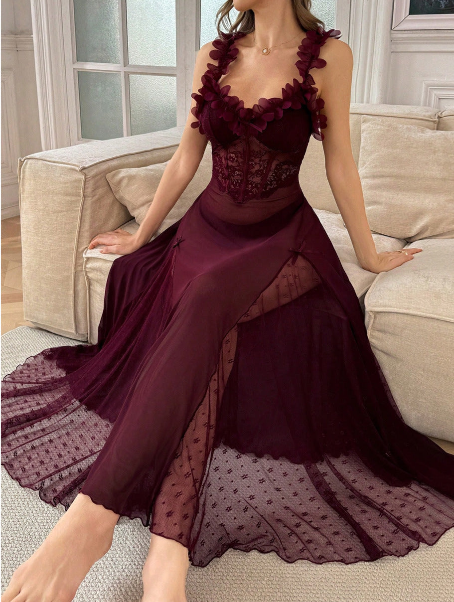 Sequin Three Dimensional Floral See through Dot Mesh Sexy Cami Dress