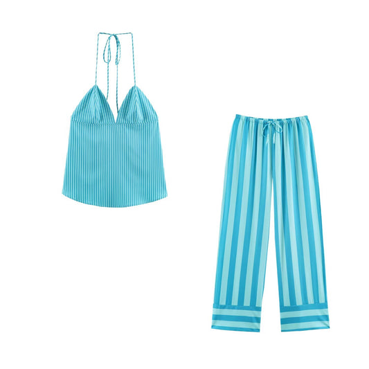 Women Vacation Halter Lace up Backless Striped Top Wide Striped Trousers Set