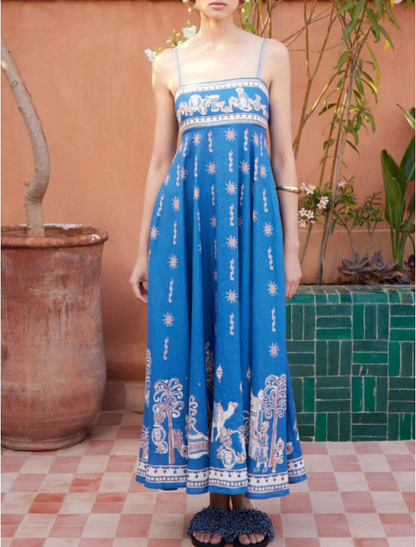 Robe longue évasée en polyester imprimé graffiti à fines bretelles sexy pour femme
