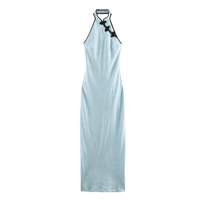 Women Clothing Cold Feeling Dark Pattern Jacquard Halter Improved Cheongsam Long Slimming Dress